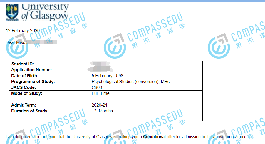 格拉斯哥大学心理学研究理学硕士（可跨申）研究生offer一枚