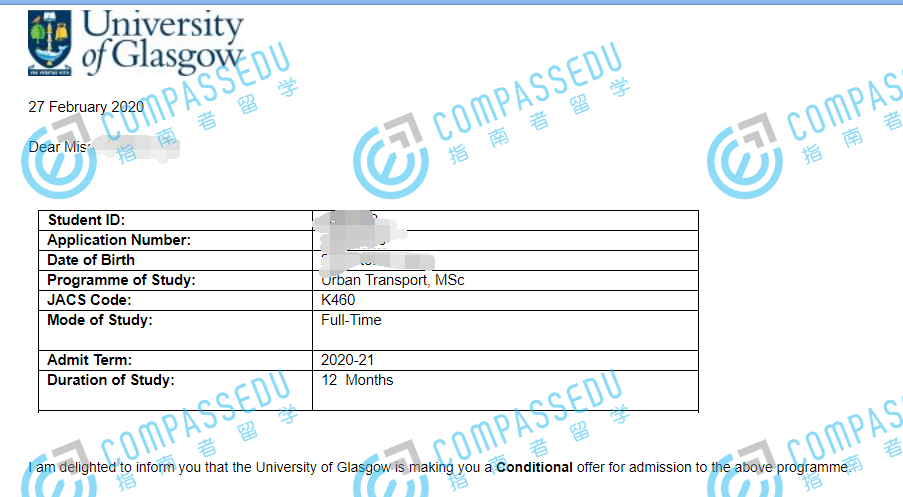 格拉斯哥大学城市交通理学硕士研究生offer一枚