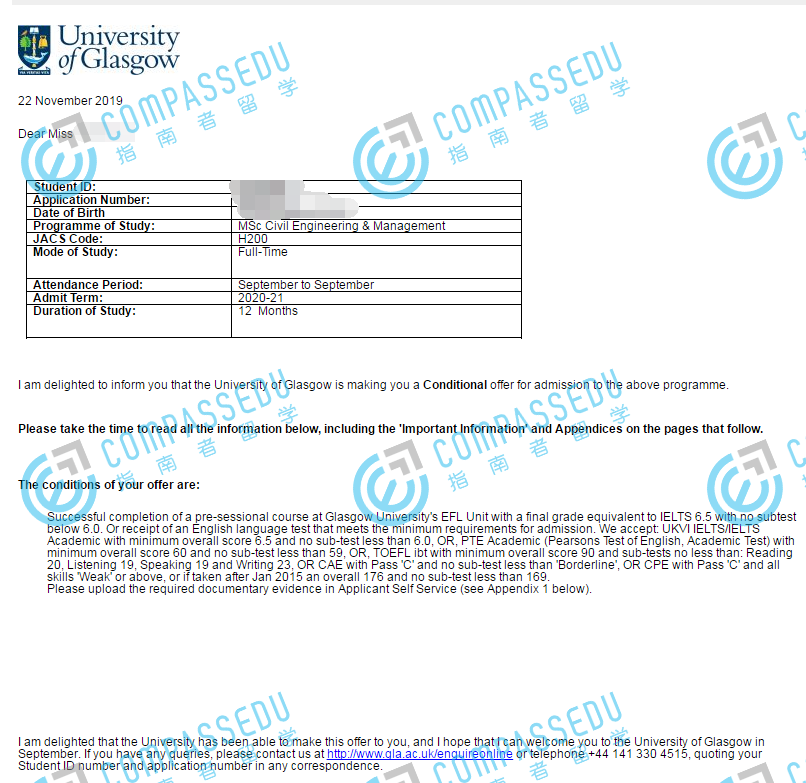 格拉斯哥大学土木工程与管理理学硕士研究生offer一枚