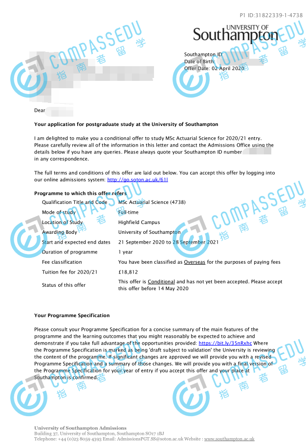 南安普顿大学精算学理学硕士研究生offer一枚