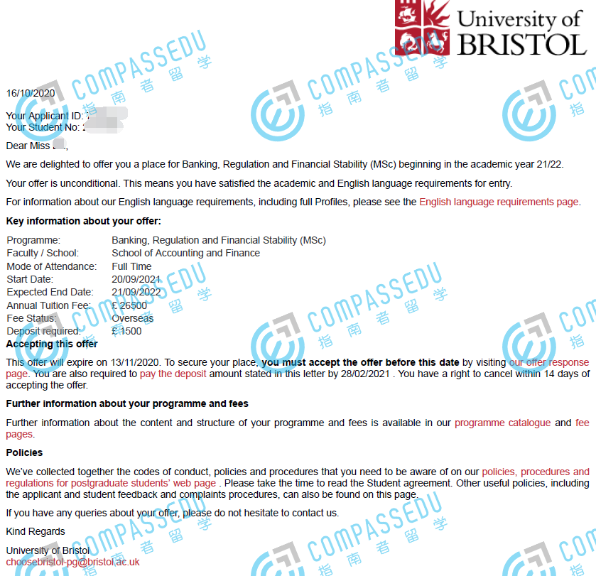 布里斯托大学银行、监管与金融稳定理学硕士研究生offer一枚