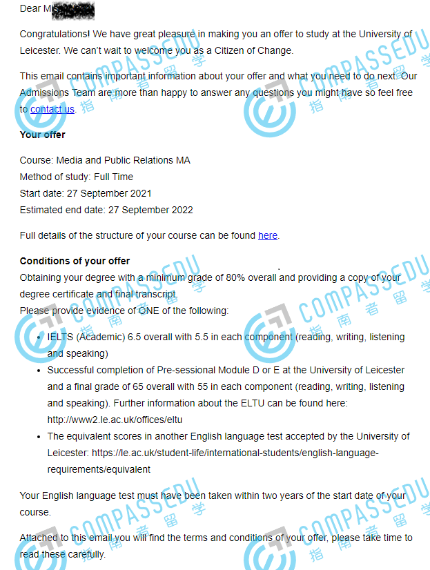 莱斯特大学媒体与公共关系文学硕士研究生offer一枚