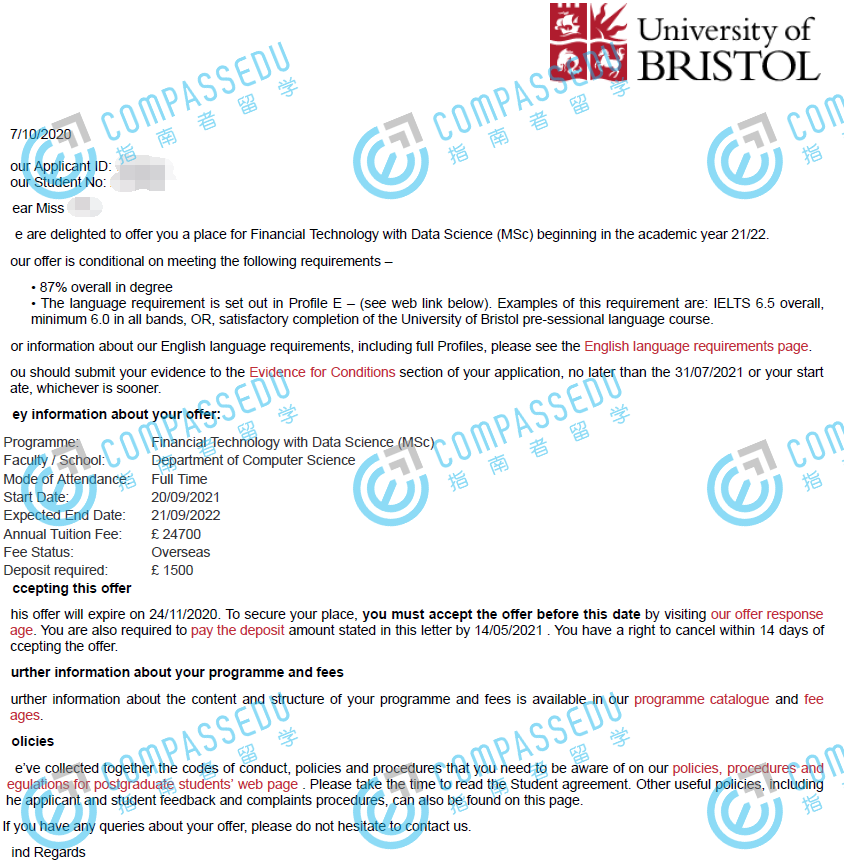 布里斯托大学金融科技与数据科学理学硕士研究生offer一枚