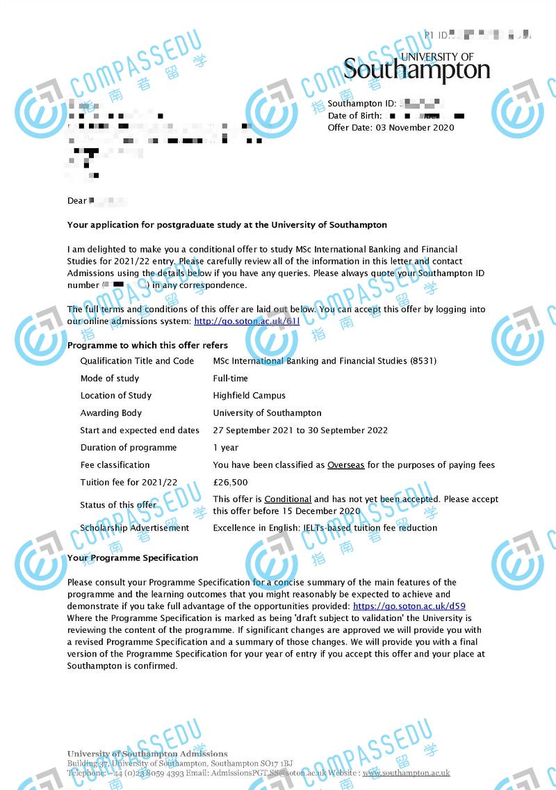 南安普顿大学国际银行与金融研究理学硕士研究生offer一枚