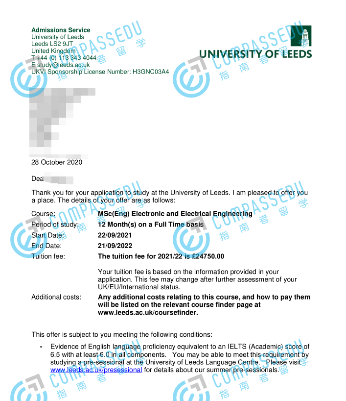 利兹大学电子与电气工程（工程）理学硕士研究生offer一枚