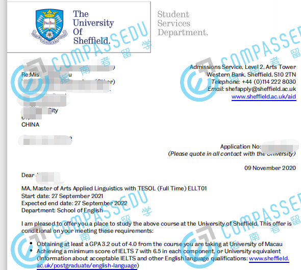谢菲尔德大学应用语言学文学硕士研究生offer一枚