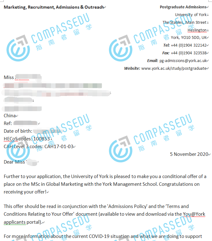 约克大学（英国）全球营销理学硕士研究生offer一枚