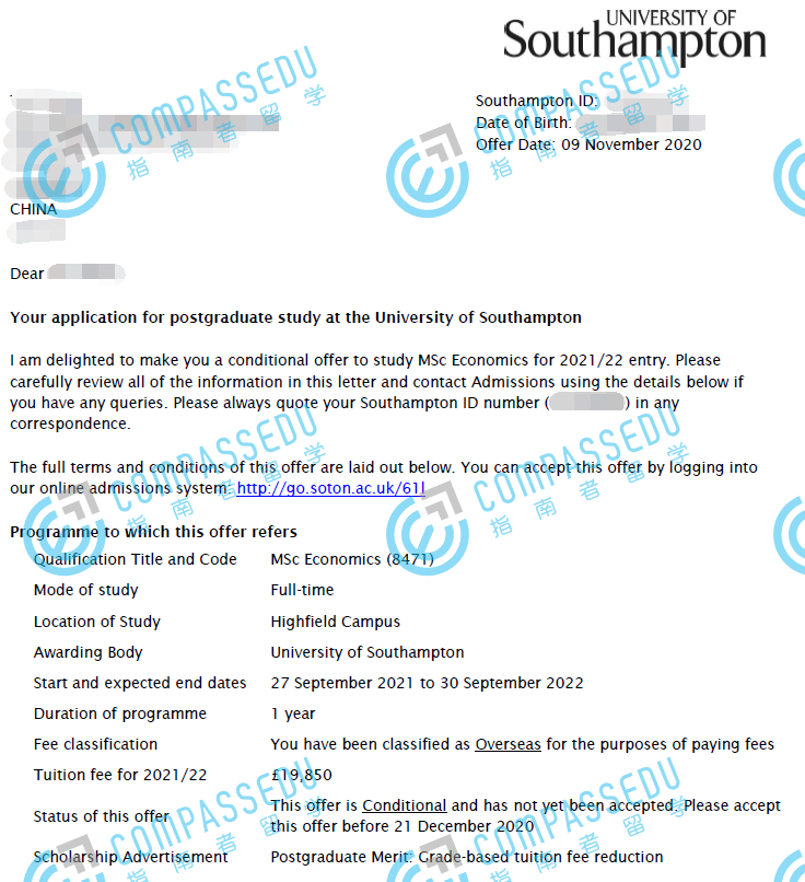 南安普顿大学经济学理学硕士研究生offer一枚
