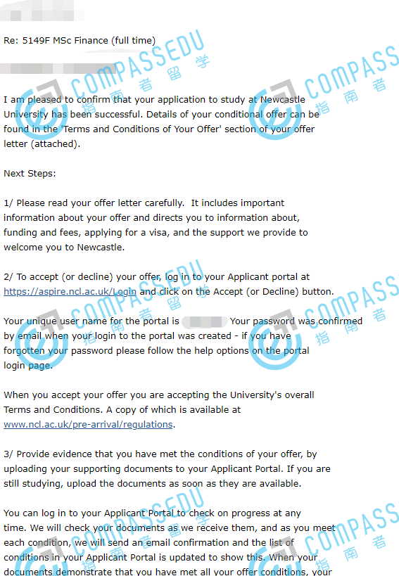 纽卡斯尔大学（英国）金融学理学硕士研究生offer一枚