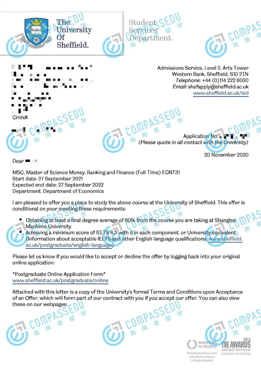 谢菲尔德大学货币、银行与金融理学硕士研究生offer一枚