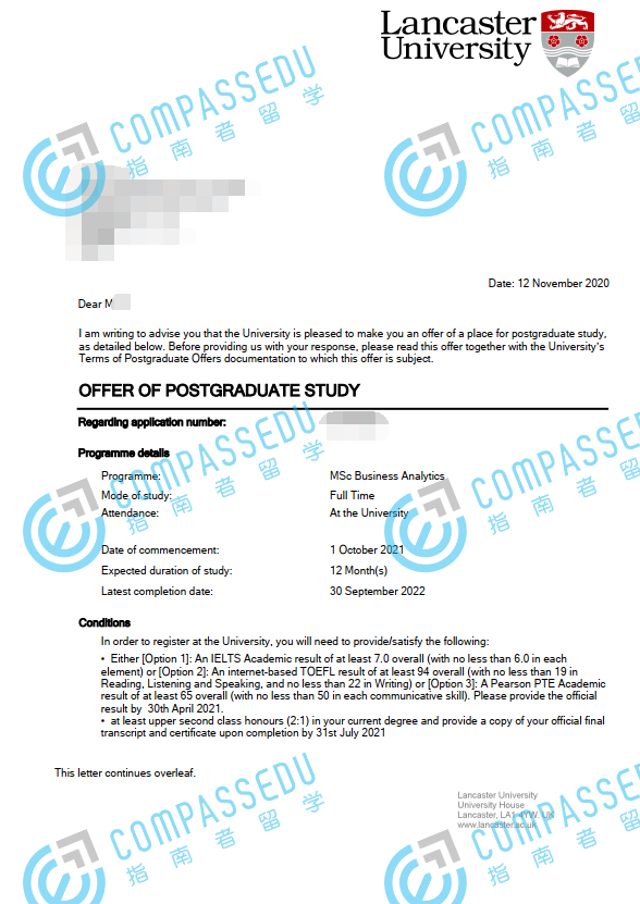 兰卡斯特大学商业分析理学硕士研究生offer一枚