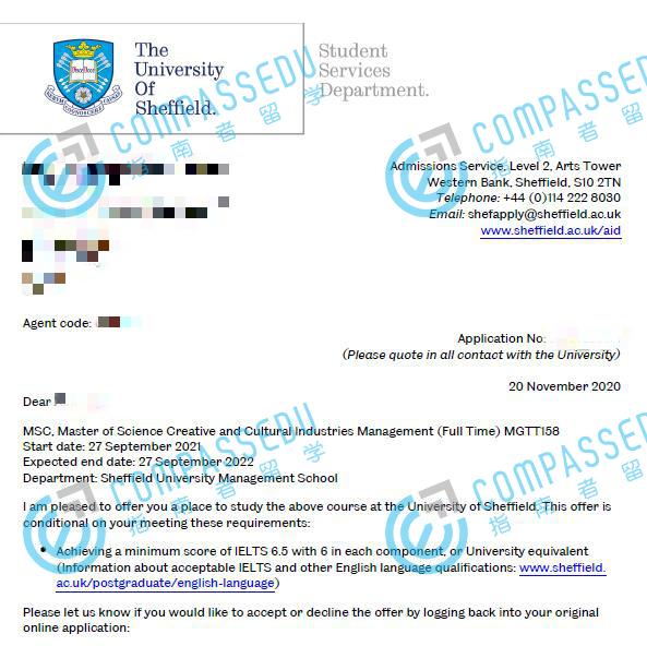 谢菲尔德大学创意与文化产业管理理学硕士研究生offer一枚