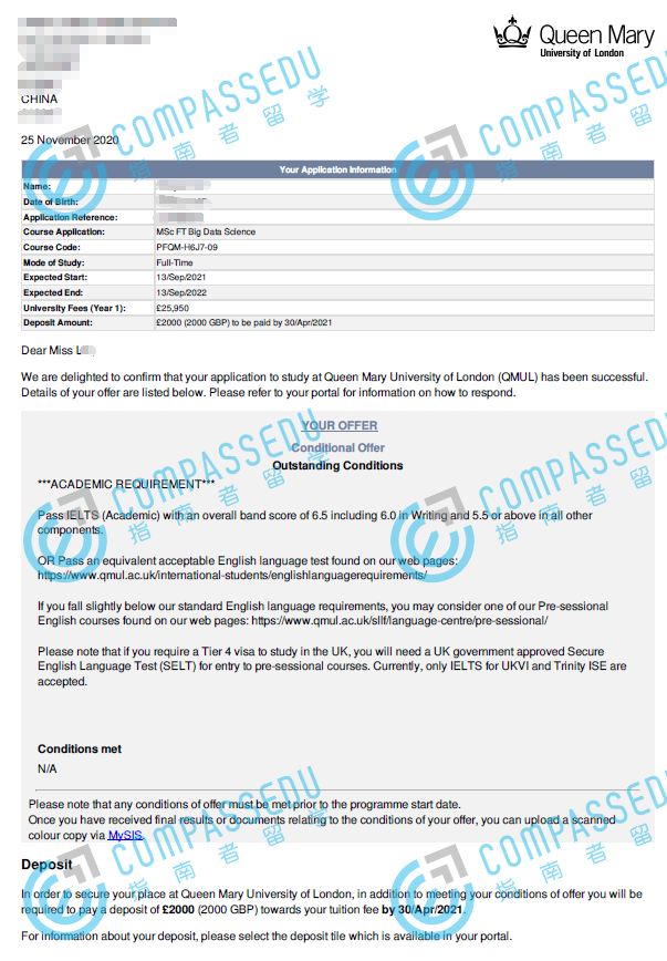 伦敦大学玛丽皇后学院大数据科学理学硕士研究生offer一枚