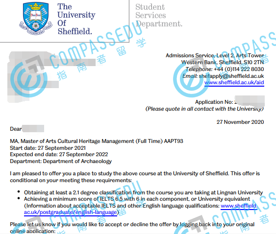 谢菲尔德大学文化遗产管理文学硕士研究生offer一枚
