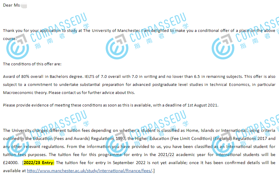 曼彻斯特大学金融经济学理学硕士研究生offer一枚