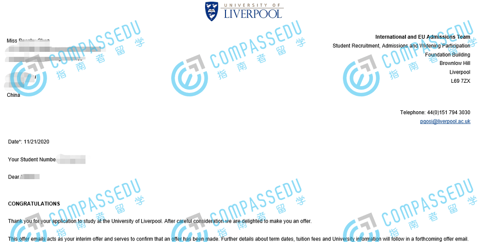 利物浦大学对外英语教学文学硕士研究生offer一枚