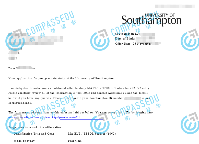 南安普顿大学英语语言教学/对外英语教学文学硕士研究生offer一枚