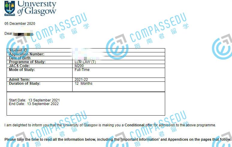 格拉斯哥大学法学硕士研究生offer一枚