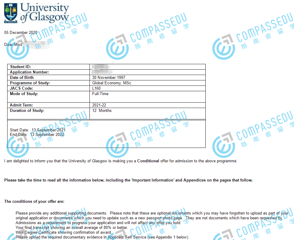 格拉斯哥大学全球经济理学硕士研究生offer一枚