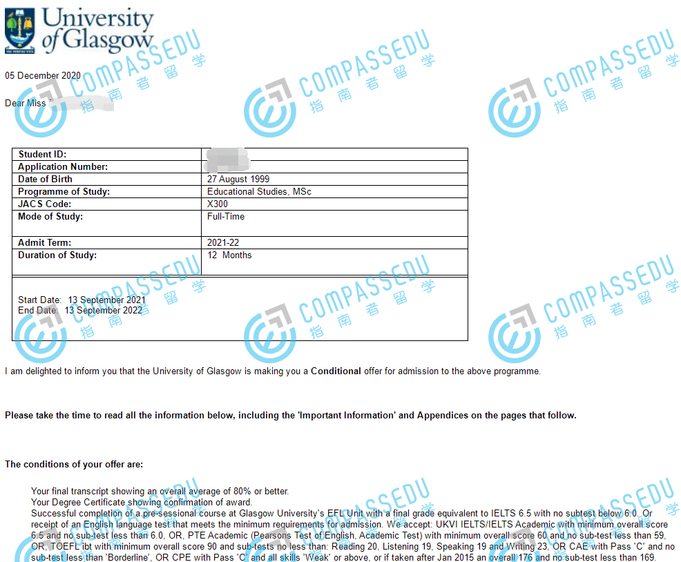 格拉斯哥大学教育学研究理学硕士研究生offer一枚