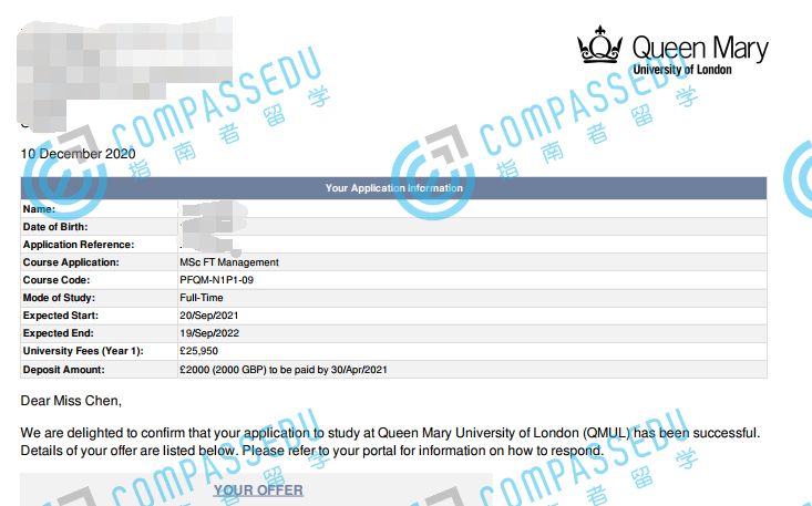 伦敦大学玛丽皇后学院管理学理学硕士研究生offer一枚