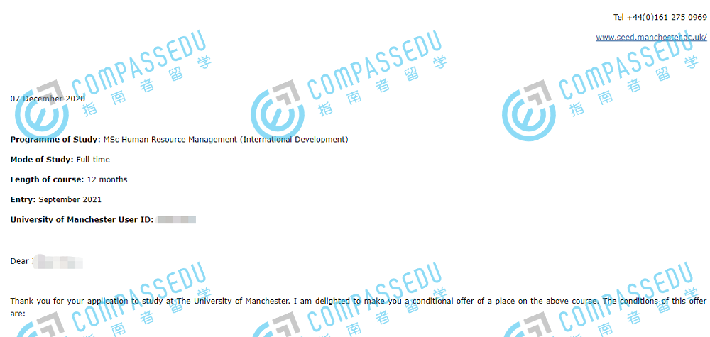 曼彻斯特大学人力资源管理（国际发展）理学硕士研究生offer一枚