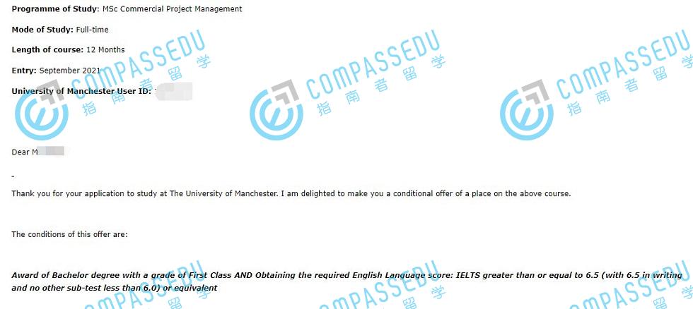 曼彻斯特大学商业项目管理理学硕士研究生offer一枚