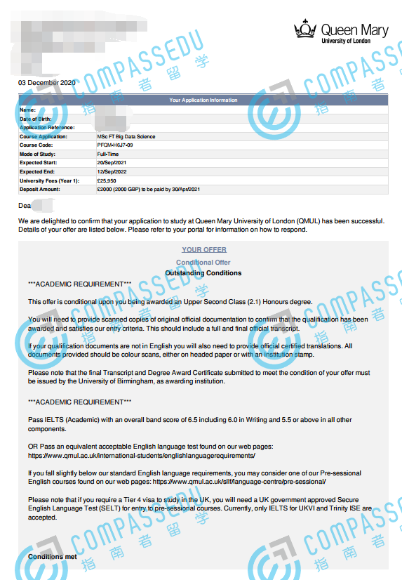 伦敦大学玛丽皇后学院大数据科学理学硕士研究生offer一枚