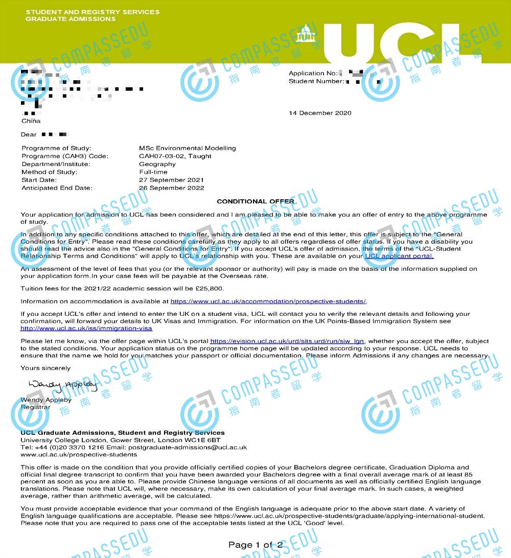 伦敦大学学院环境建模理学硕士研究生offer一枚