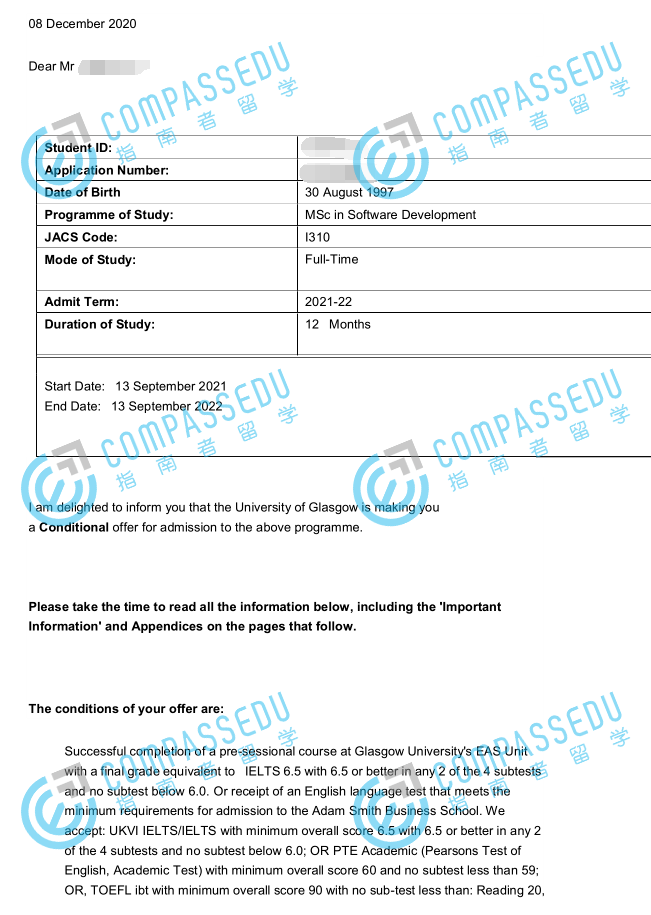 格拉斯哥大学软件开发理学硕士研究生offer一枚