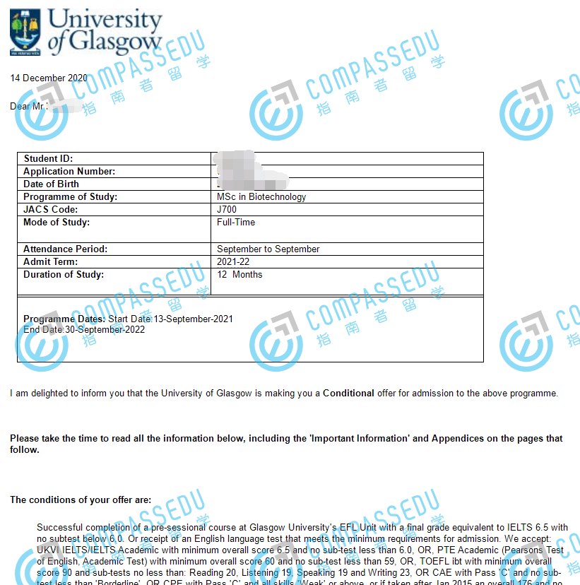 格拉斯哥大学生物技术理学硕士研究生offer一枚