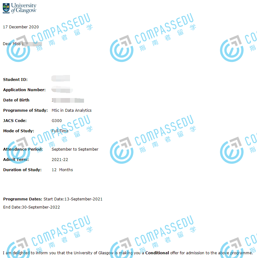 格拉斯哥大学数据分析理学硕士研究生offer一枚