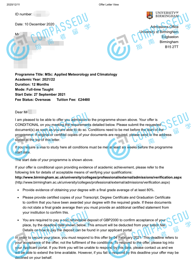 伯明翰大学应用气象学与气候学理学硕士研究生offer一枚