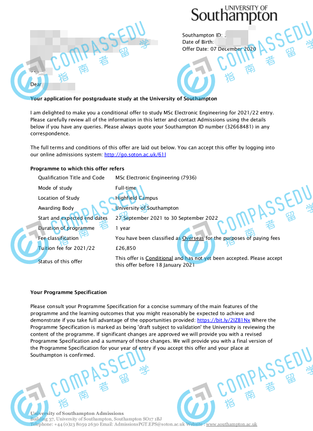 南安普顿大学电子工程理学硕士研究生offer一枚