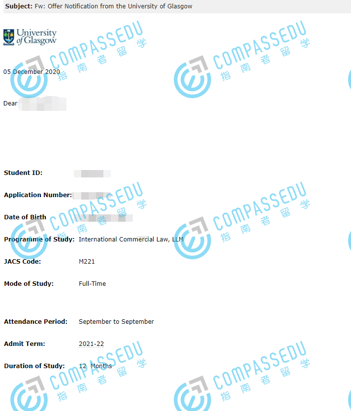 格拉斯哥大学国际商法法学硕士研究生offer一枚