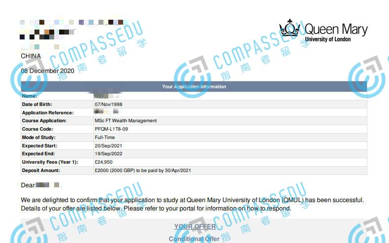 伦敦大学玛丽皇后学院财富管理理学硕士研究生offer一枚