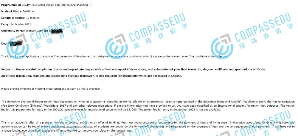 曼彻斯特大学城市设计与国际规划理学硕士研究生offer一枚