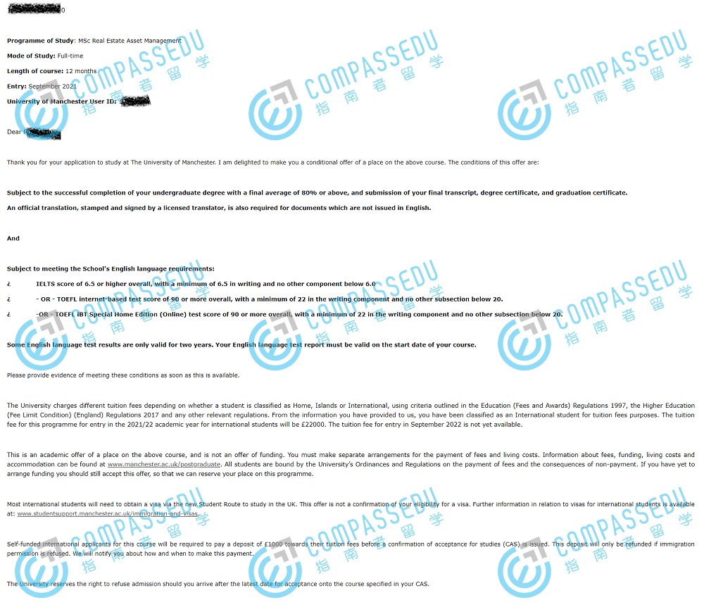 曼彻斯特大学房地产资产管理理学硕士研究生offer一枚