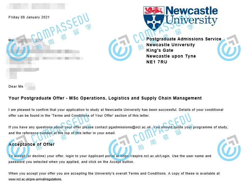 纽卡斯尔大学（英国）运营、物流与供应链管理理学硕士研究生offer一枚