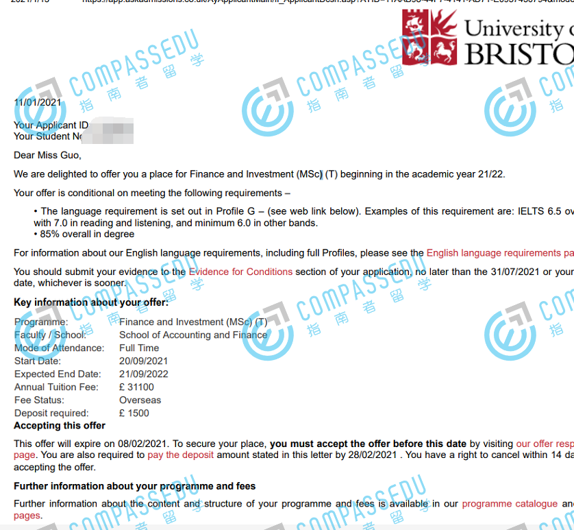 布里斯托大学金融与投资理学硕士研究生offer一枚