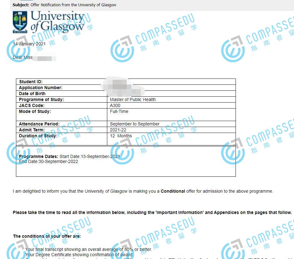 格拉斯哥大学公共健康学硕士研究生offer一枚