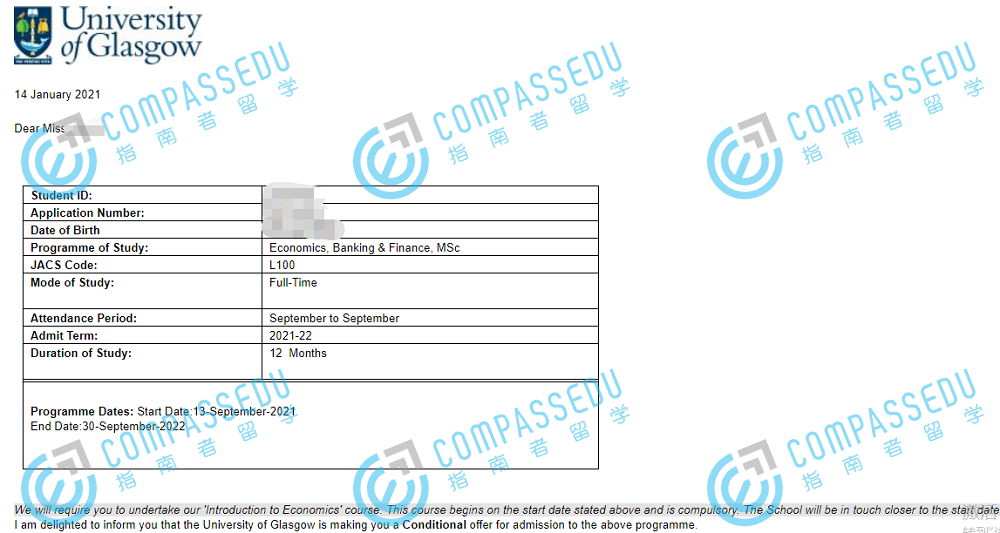 格拉斯哥大学经济、国际银行与金融理学硕士研究生offer一枚