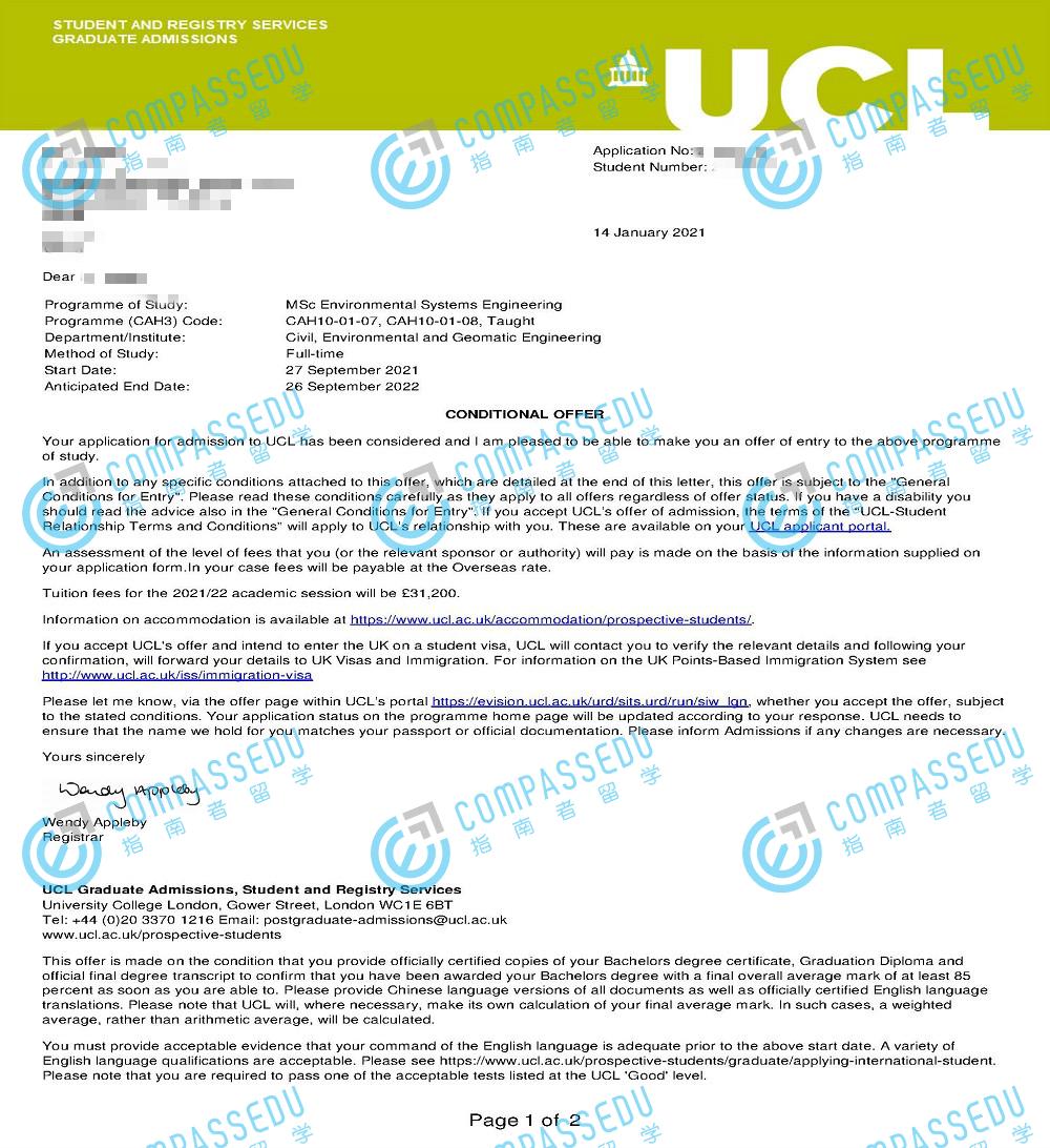 伦敦大学学院环境系统工程理学硕士研究生offer一枚