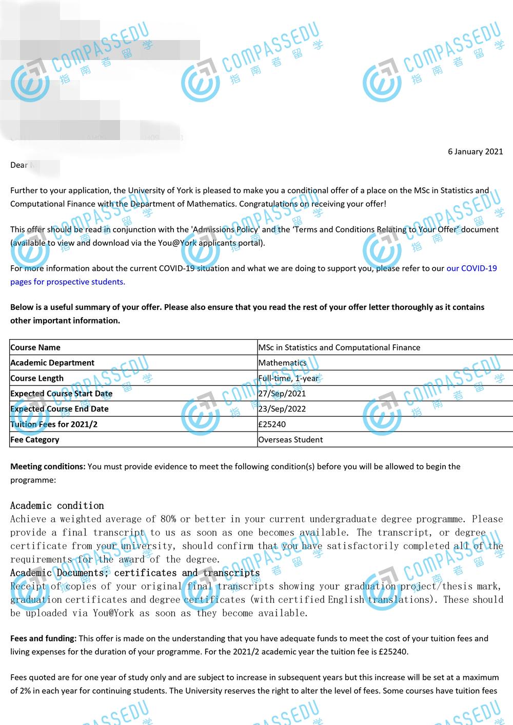 约克大学（英国）统计学与计算金融理学硕士研究生offer一枚