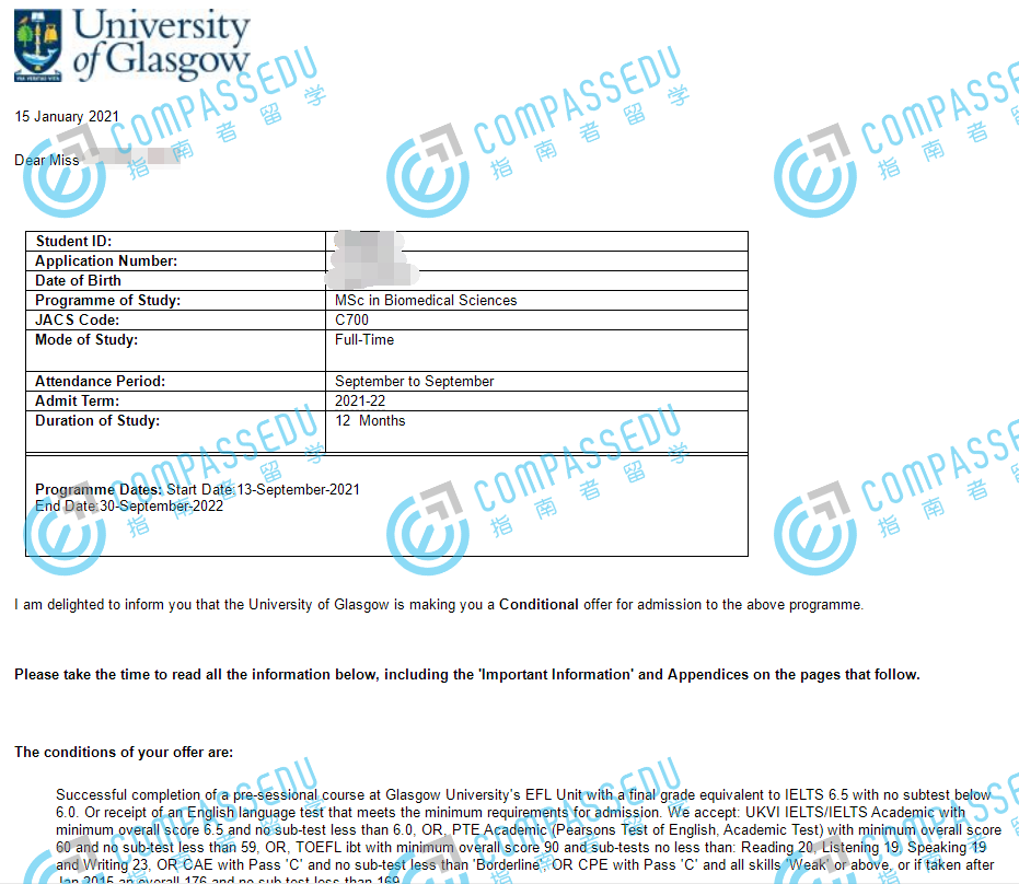 格拉斯哥大学生物医学科学理学硕士研究生offer一枚