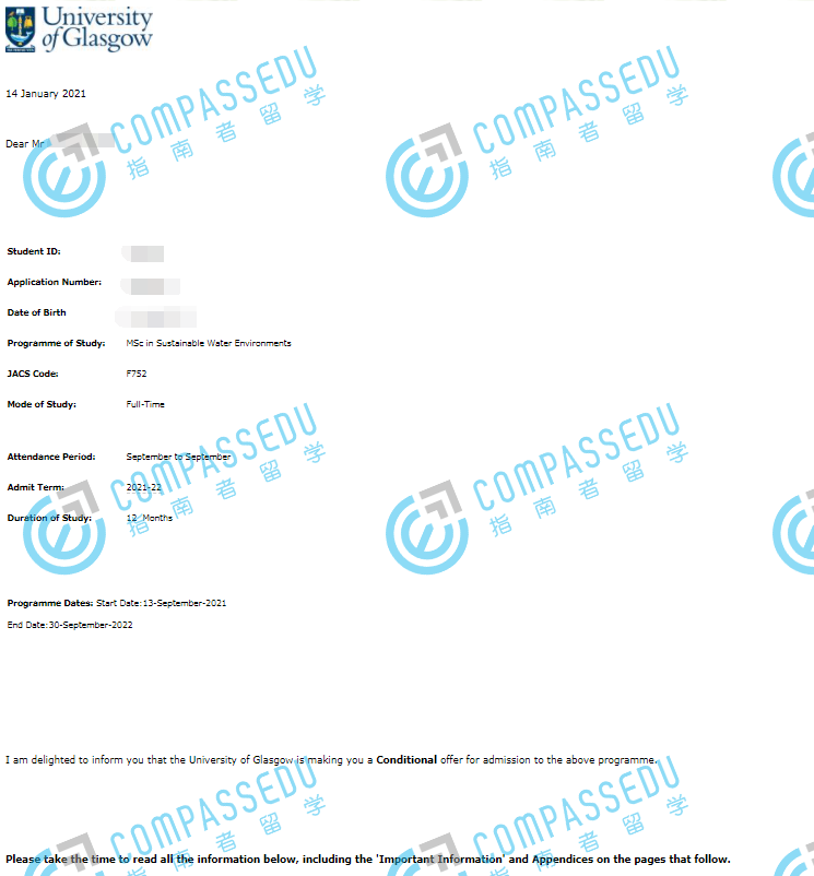 格拉斯哥大学可持续水环境理学硕士研究生offer一枚