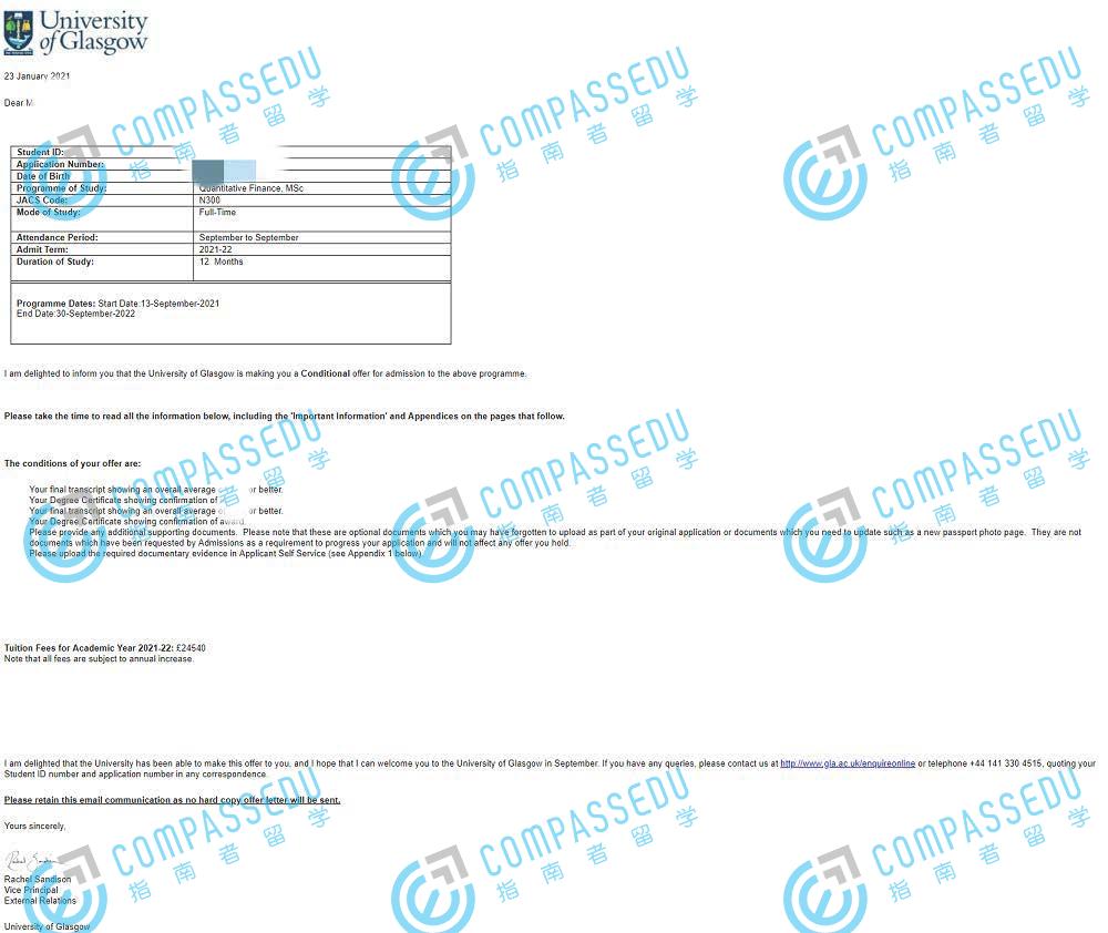 格拉斯哥大学定量金融学理学硕士研究生offer一枚