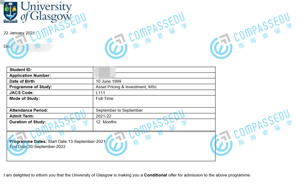 格拉斯哥大学金融建模与投资理学硕士研究生offer一枚