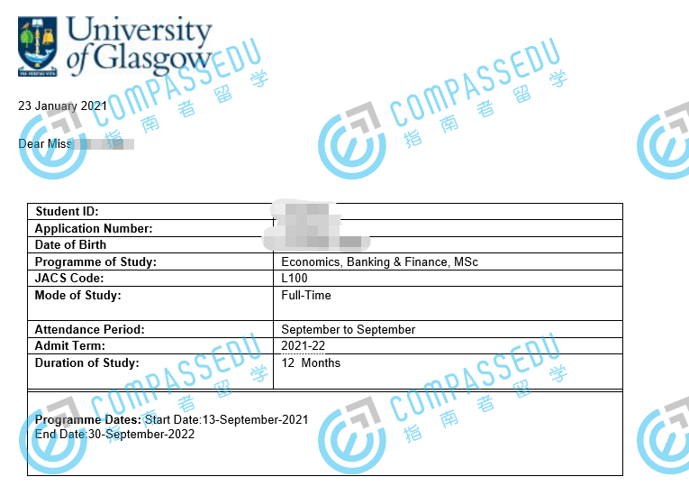 格拉斯哥大学经济、国际银行与金融理学硕士研究生offer一枚