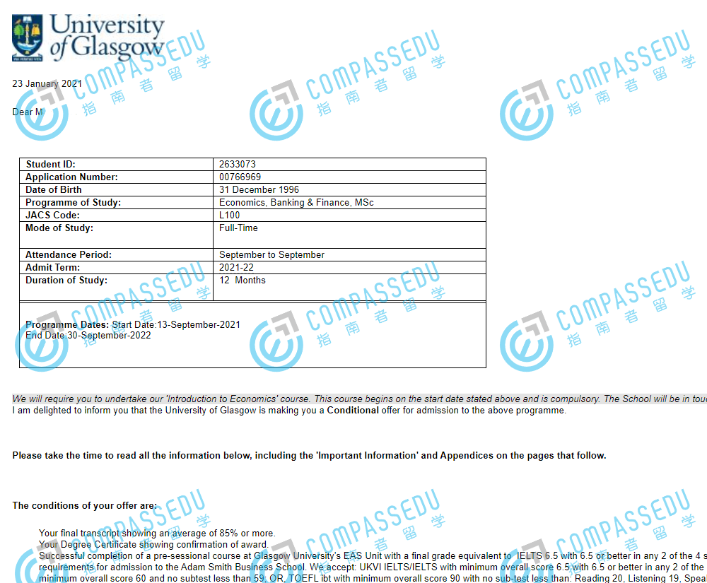 格拉斯哥大学经济、国际银行与金融理学硕士研究生offer一枚